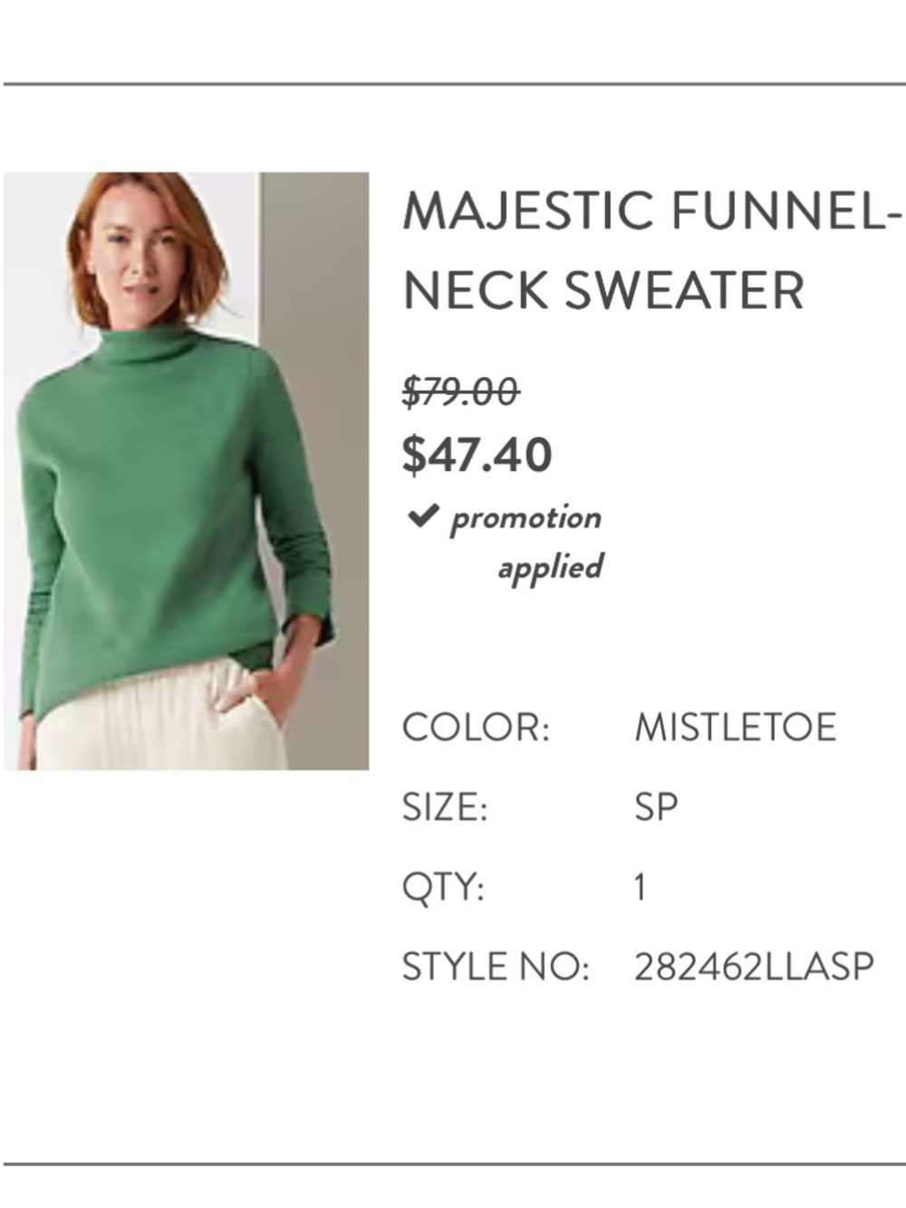 J Jill Majestic Funnel-Neck Sweater - Mistletoe Green long sleeves